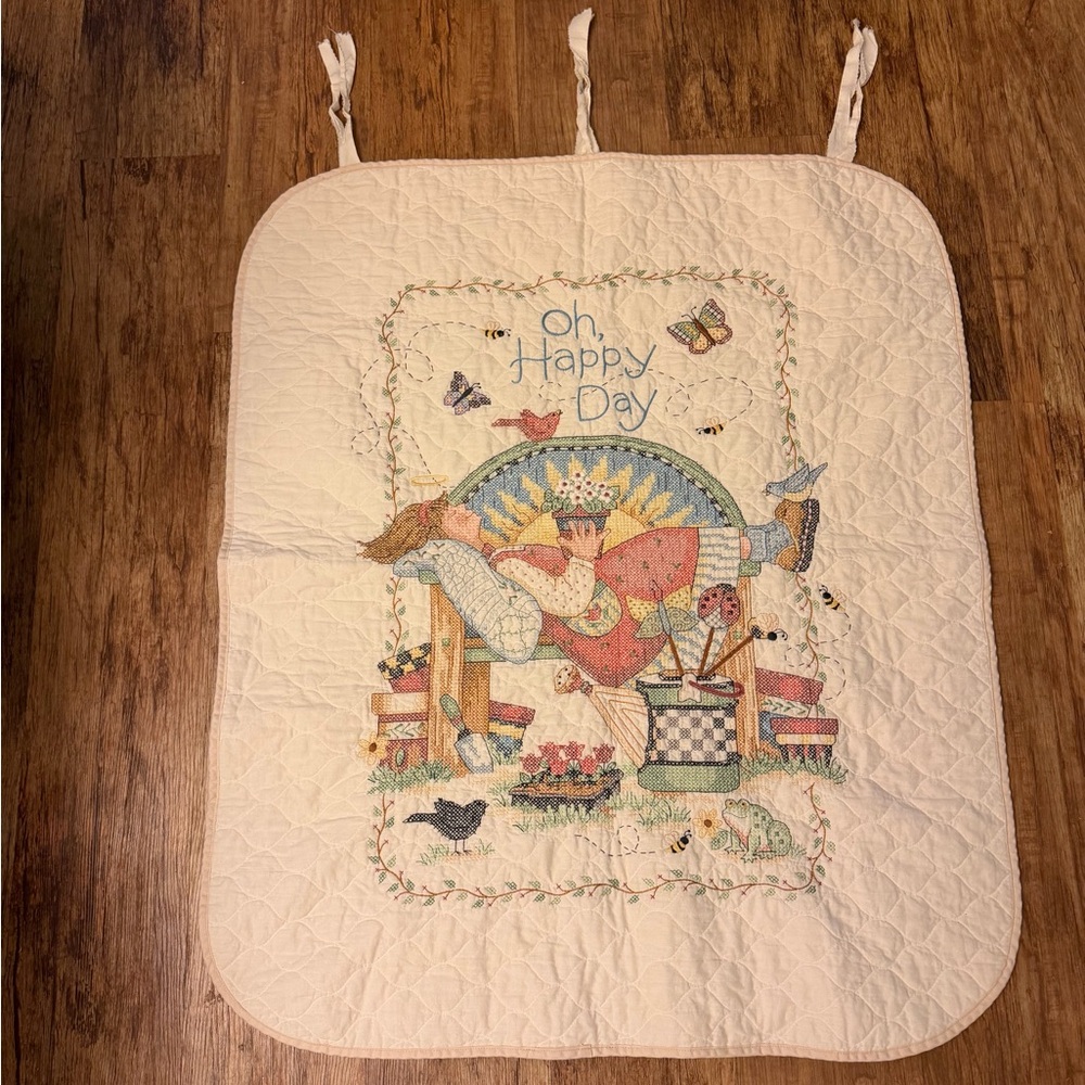 Vintage Cross Stitch Wall Hanging “Oh Happy Day” Cottage Large 45” Fabric Art